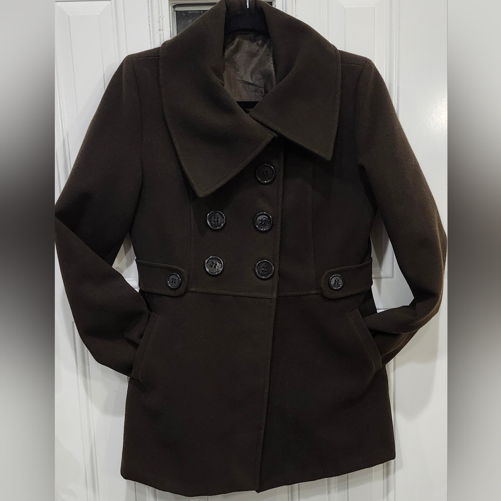 Dromedar chocolate brown asymmetrical pea coat women's size Medium